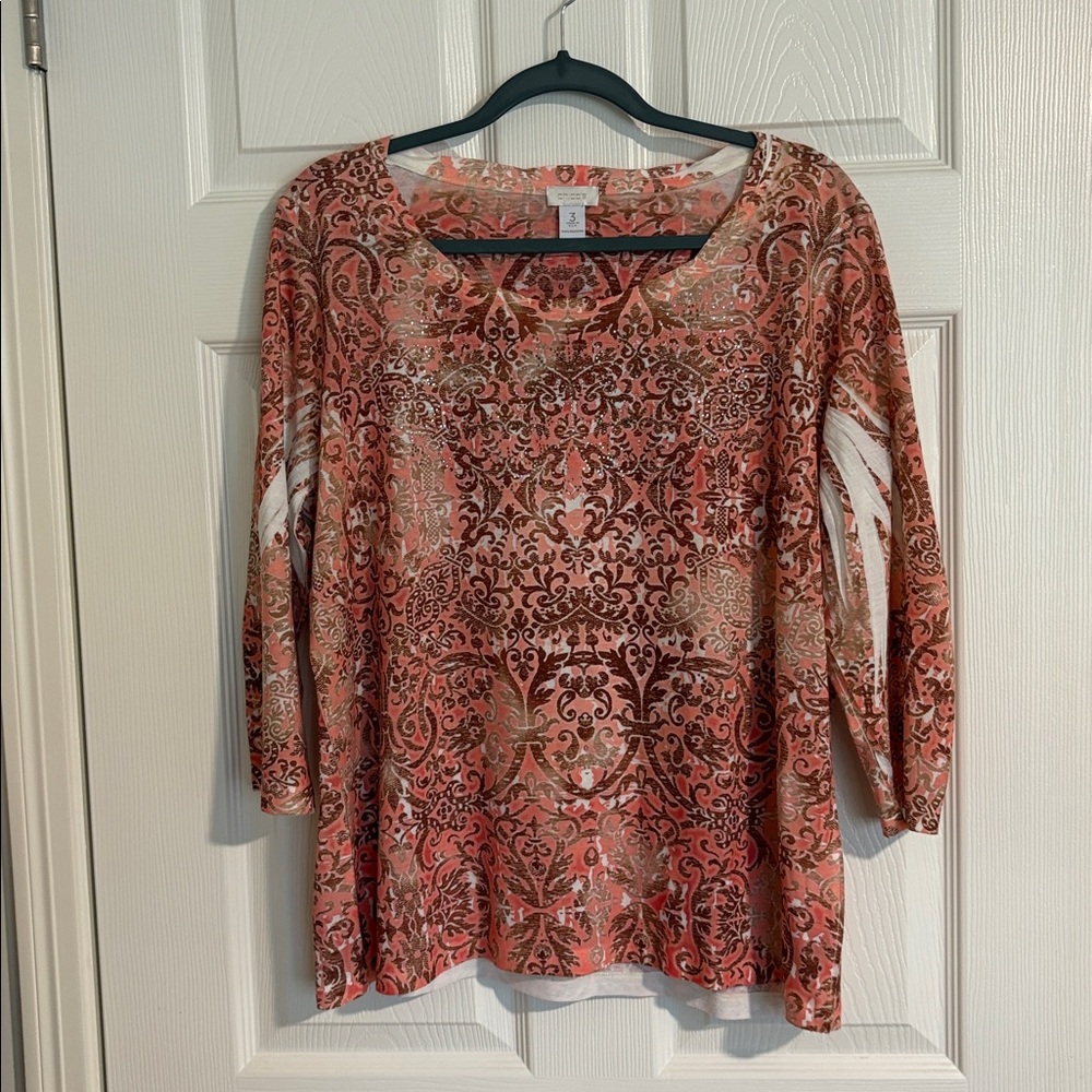 Chicos Coral Peach Gold Print Top Size 3 Scoop Neck Rhinestones 3/4 Sleeve